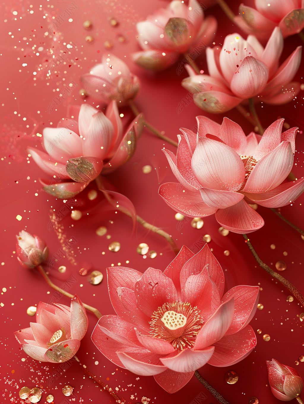 原创中国风红色荷花莲花手机壁纸金色花粉海报设计素材