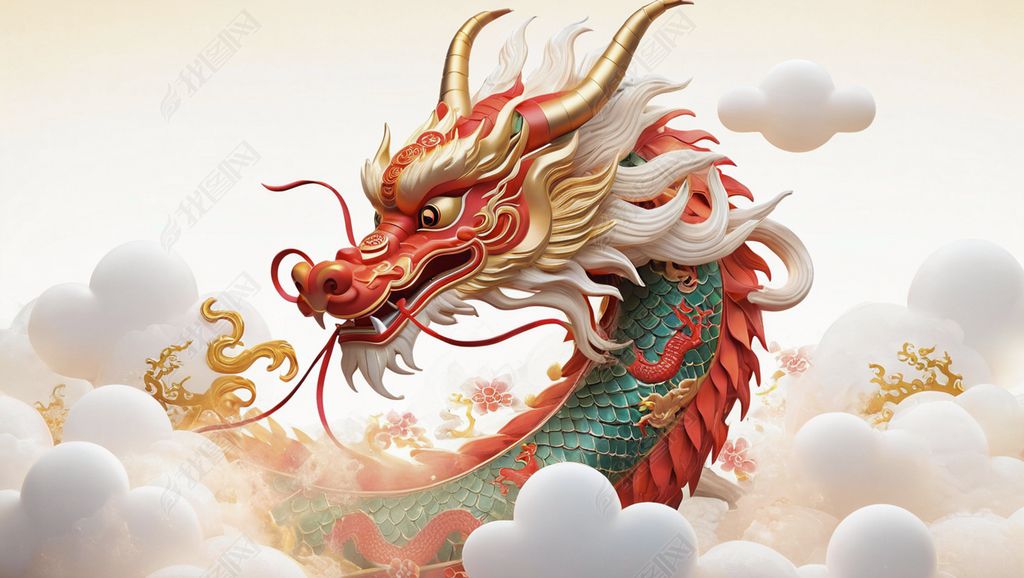 新年龙年喜庆复古海报中国风神龙3d概念插图插画