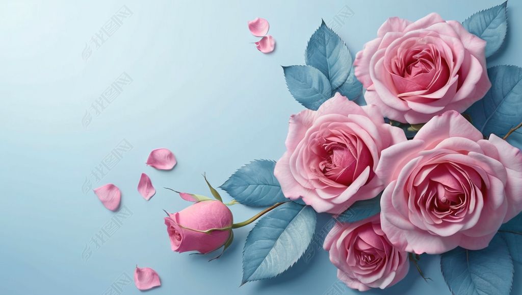 原创浅蓝色背景粉色玫瑰花插画