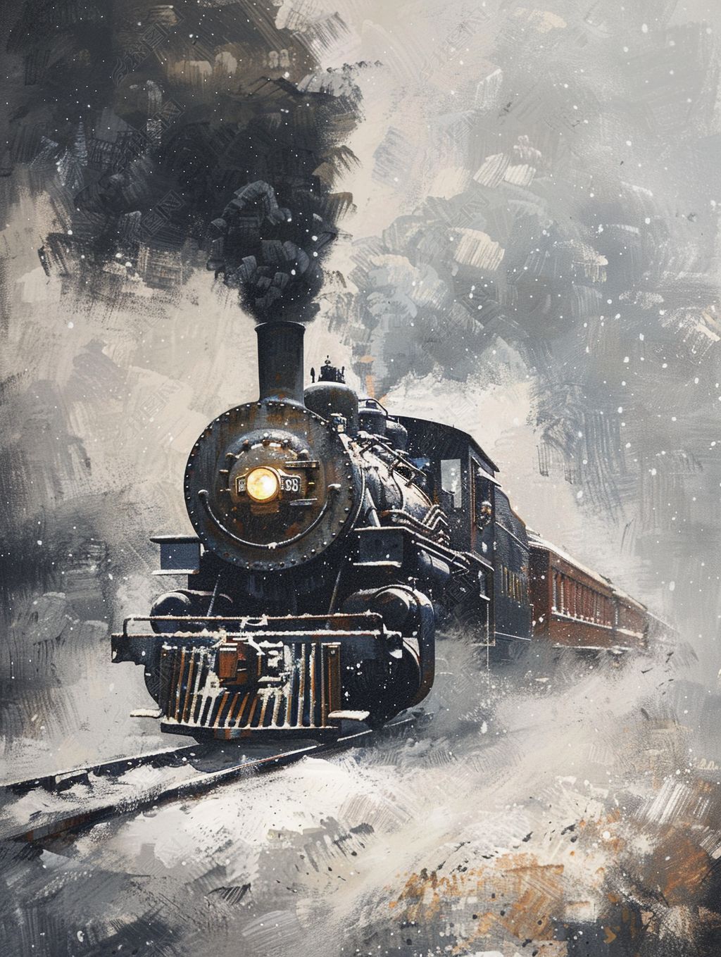 原创冰天雪地里的蒸汽机火车头工业时代手绘油画装饰画