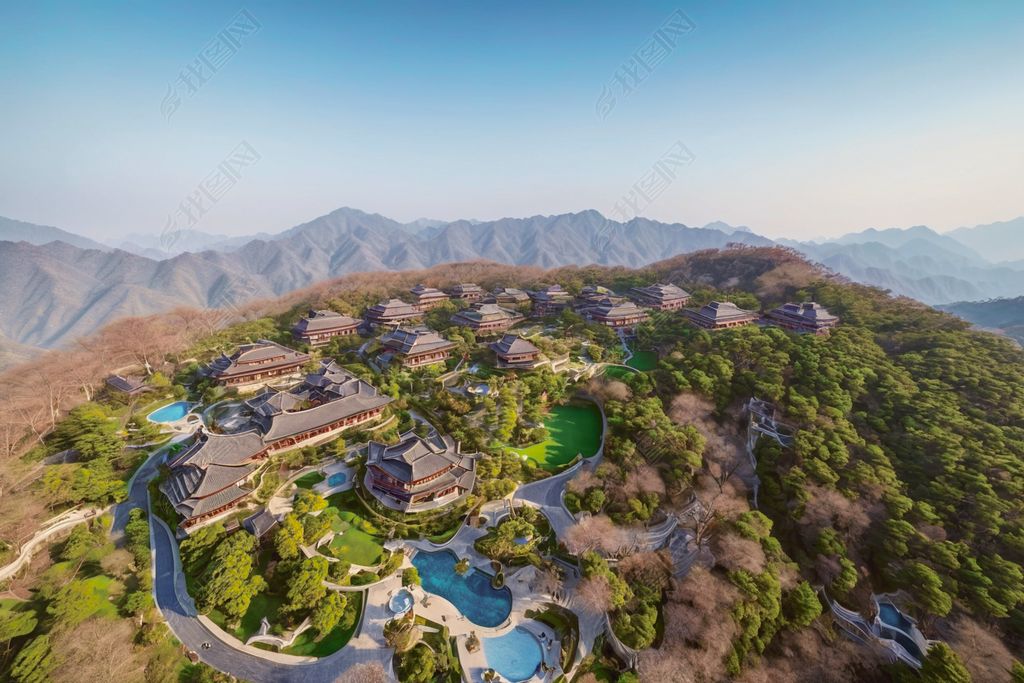 原创新密伏羲山裸心园度假村春季户外风光航拍视角图片版权可商用