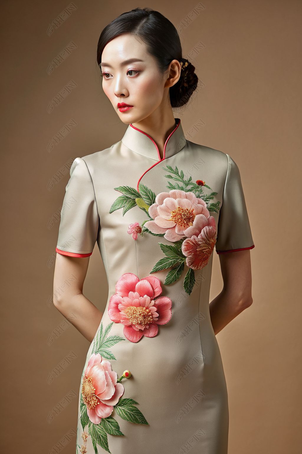 原创牡丹花旗袍苏绣风格服饰设计高清摄影图设计素材