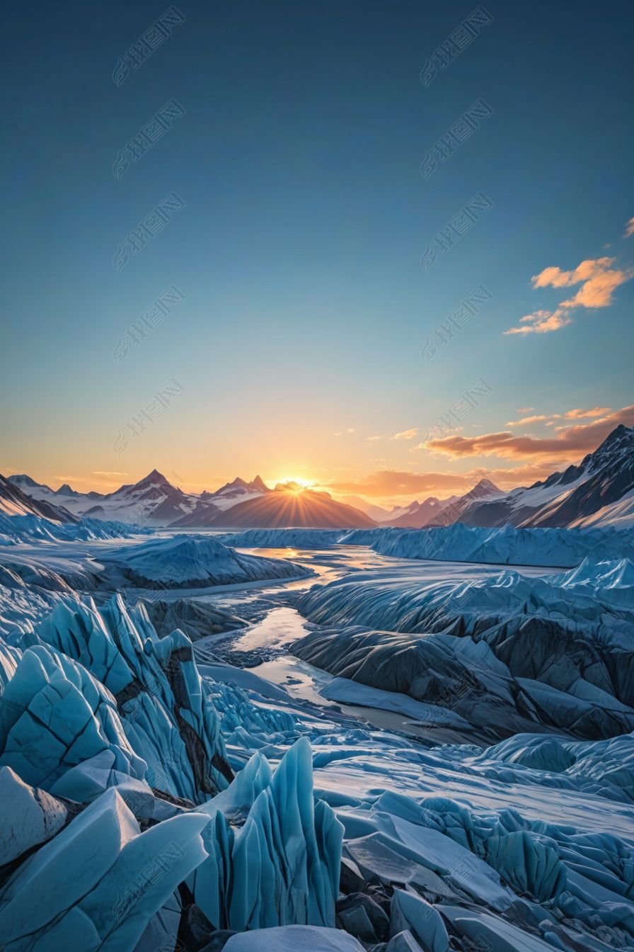 原创冬天冰河日落图片-版权可商用