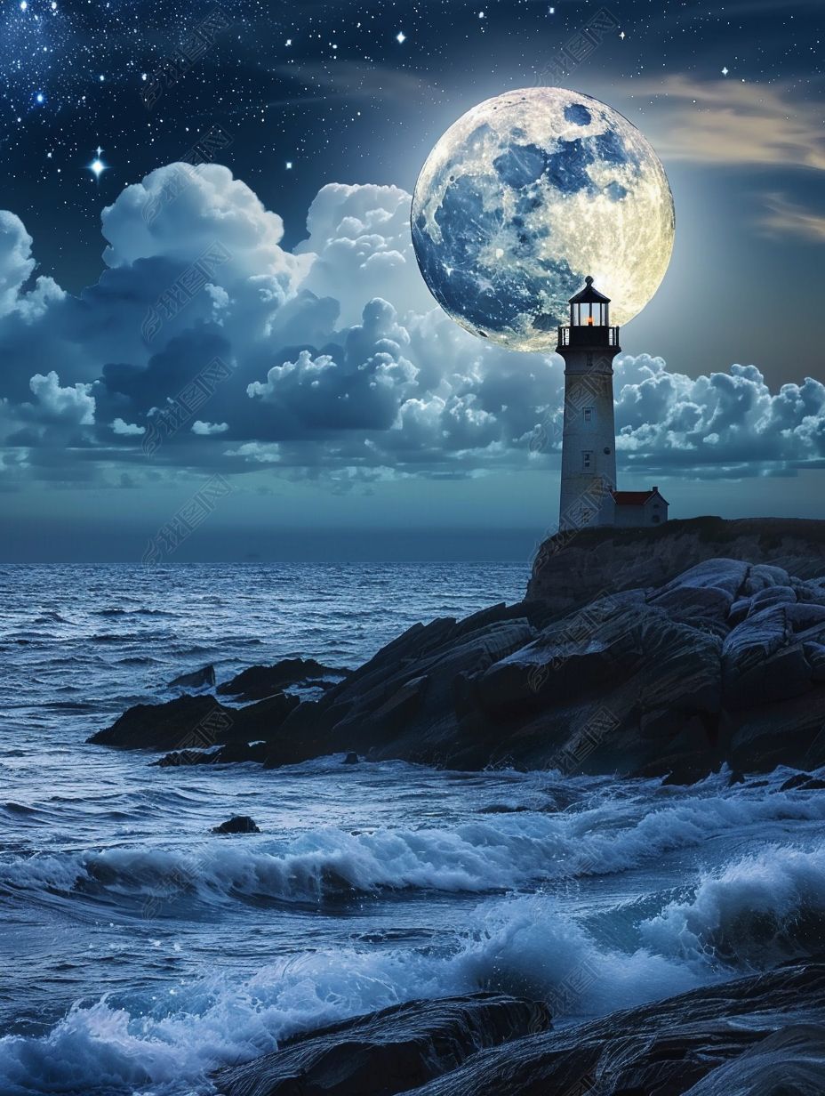 原创极简夜色海景:灯塔在星空月色下闪耀-版权可商用