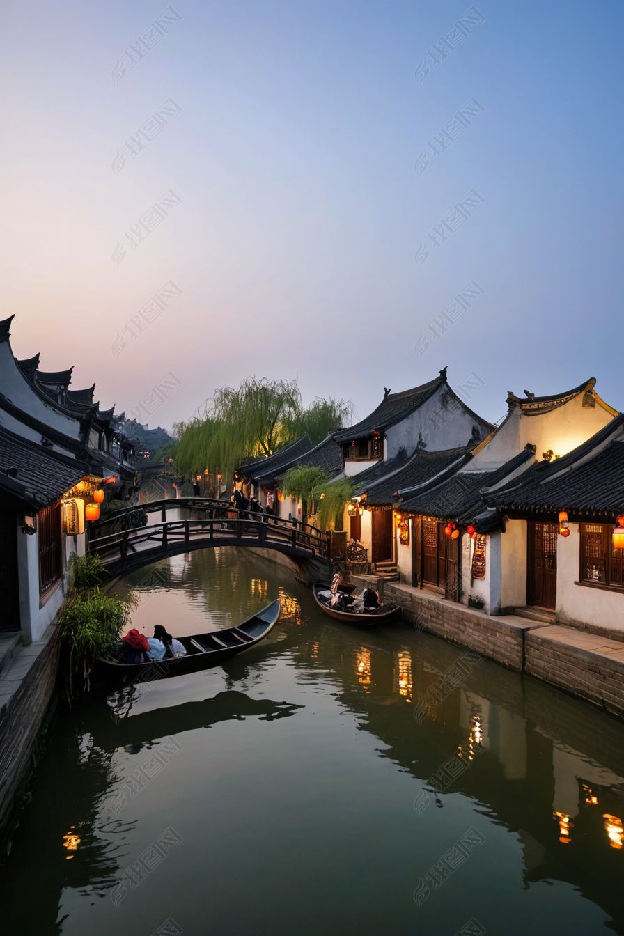 原创级第一水乡周庄古夜景乌篷船小桥流水人家-版权可商用