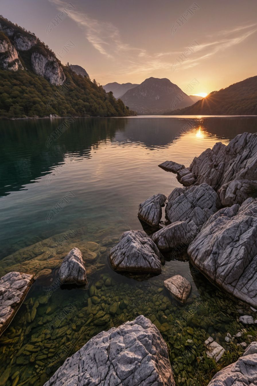 原创科兹亚克湖日落时分山峦景色-版权可商用