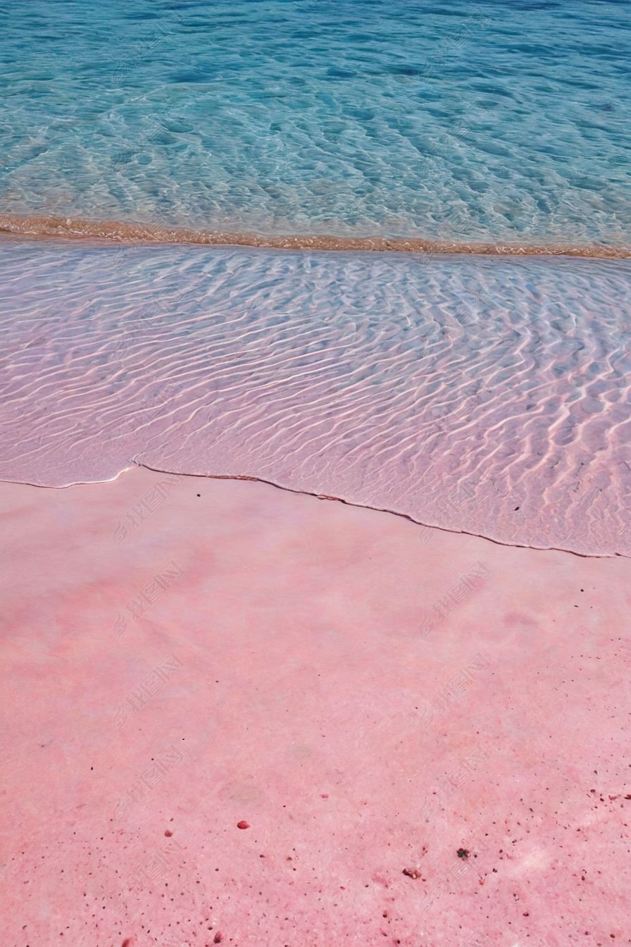 原创美丽倒影埃莱弗尼西海滩蓝色海水粉红色沙子相遇-版权可商用