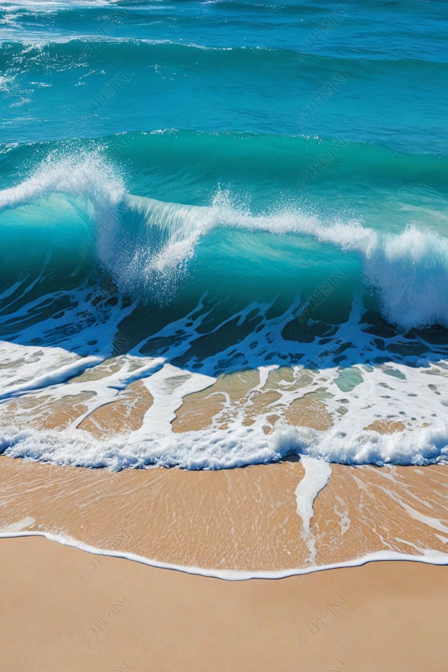 原创面海滩场景蓝色海浪击中沙滩-版权可商用