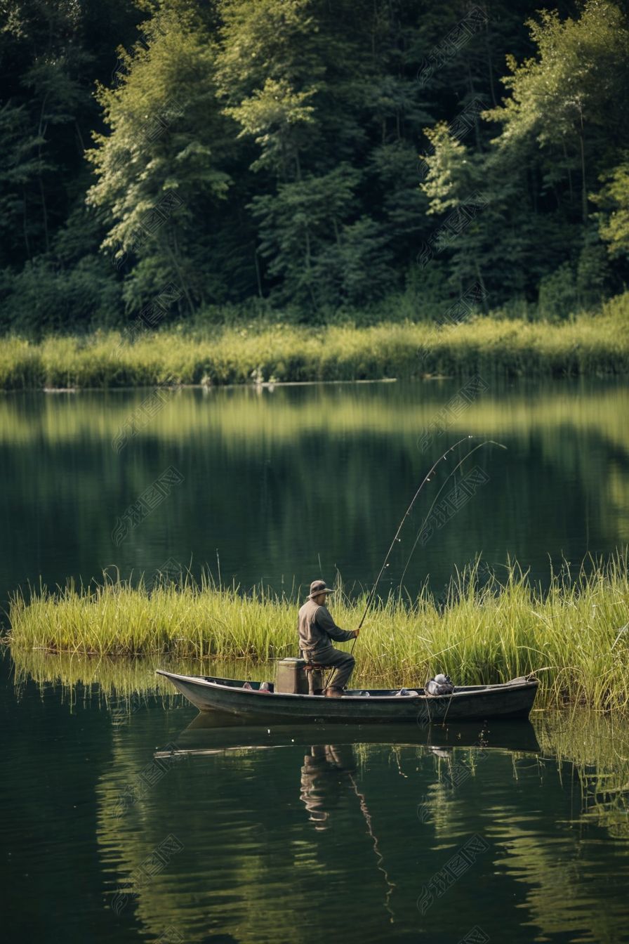 原创男子湖中钓鱼侧视图-版权可商用