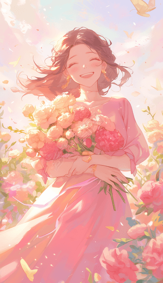 美女手捧鲜花人物插画