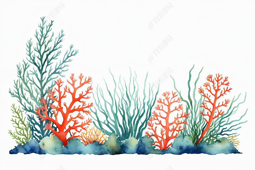 原创海藻海底海洋植物海洋珊瑚元素水彩插图图片-版权可商用