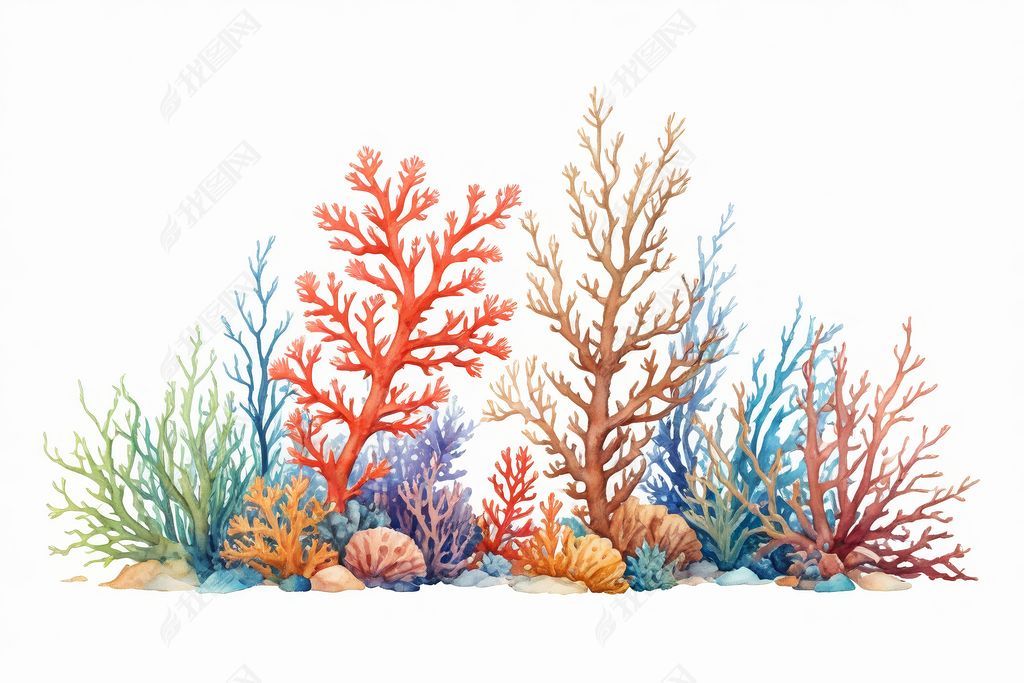 原创海藻海底海洋植物海洋珊瑚元素水彩插图图像-版权可商用