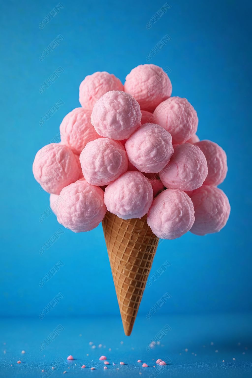 原创冰淇淋蛋筒里粉色棉花球图片-版权可商用