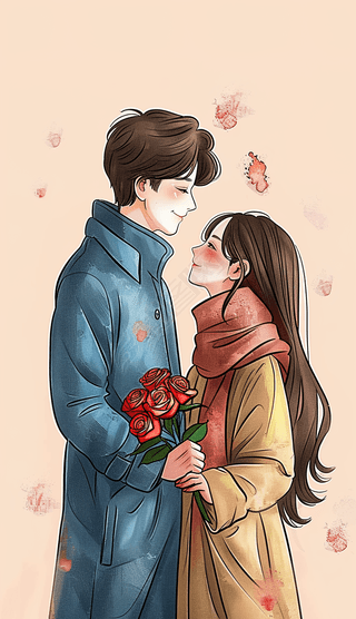 插画男女情侣情人节宠爱手绘唯美情人