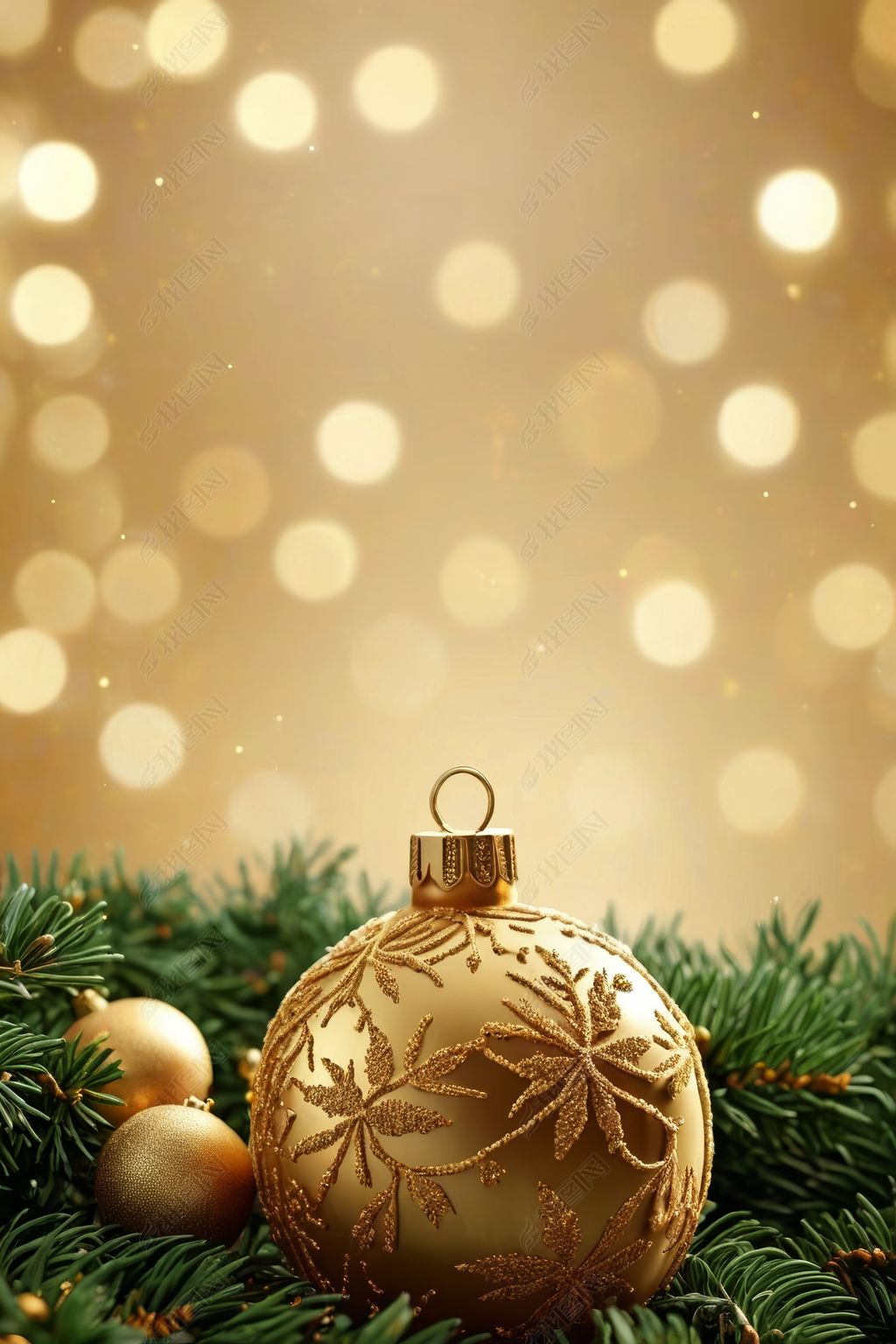 原创金色数字云杉圣诞球散景背景图片-版权可商用