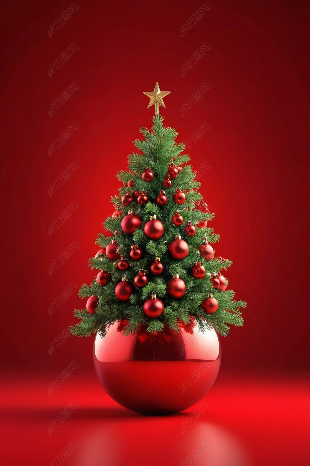 原创五颜六色圣诞球红色背景圣诞树形式圣诞图片-版权可商用