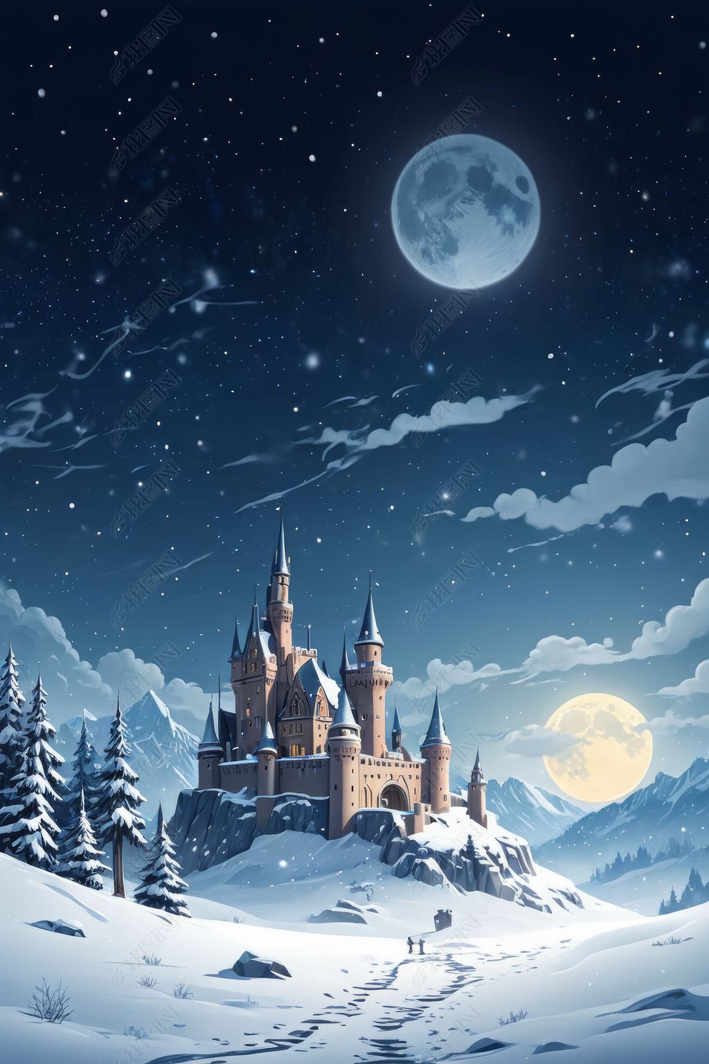 原创冬季主题插图城堡雪地星星下落月亮图片-版权可商用