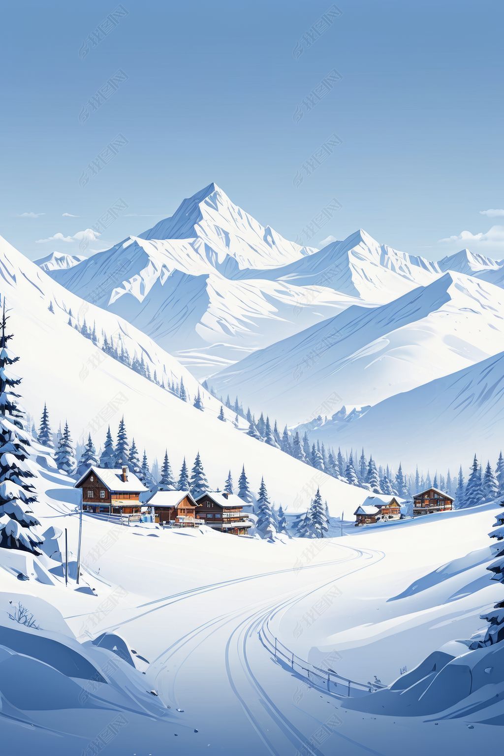 原创卡通清新雪景冬季雪山滑雪场背景插画图片-版权可商用