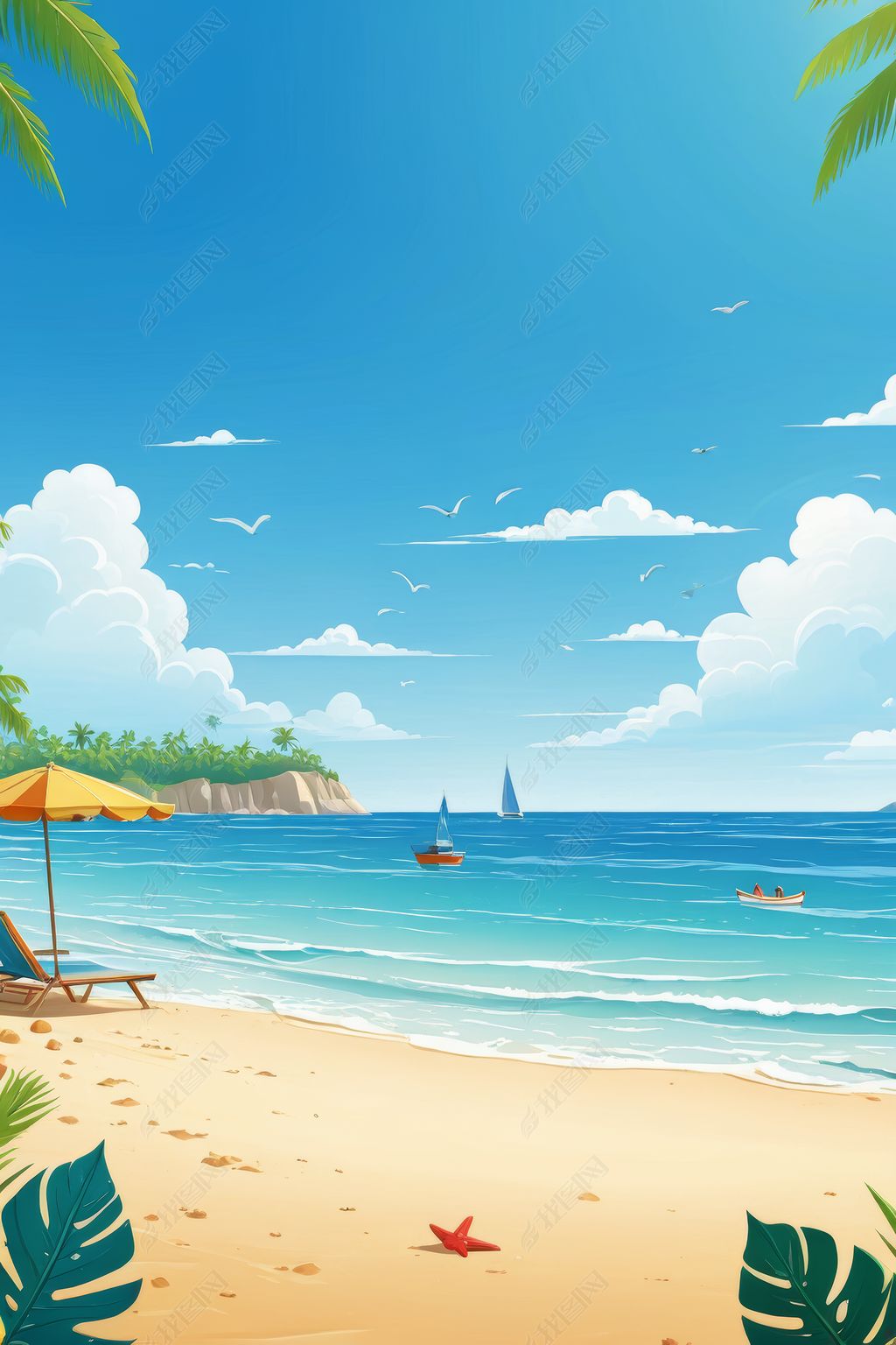 原创卡通海边度假旅游夏季夏天暑假出游背景插画图片