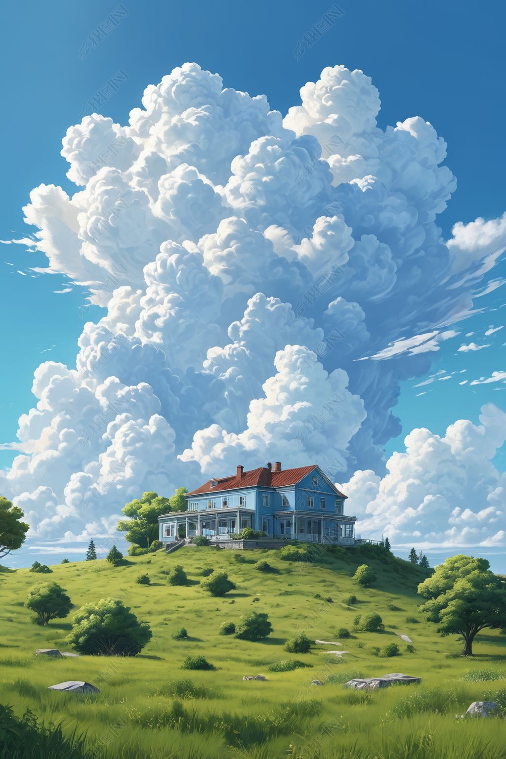 原创山上的房子天空中有一朵大云版权可商用