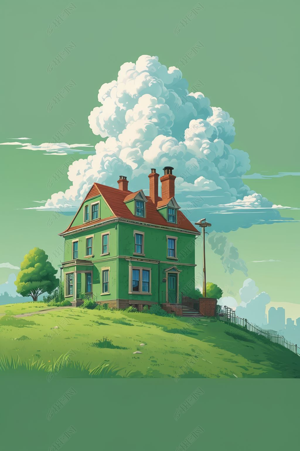 原创一座绿色的房子有红色的屋顶和绿色的草坪高清图片-版权可商用