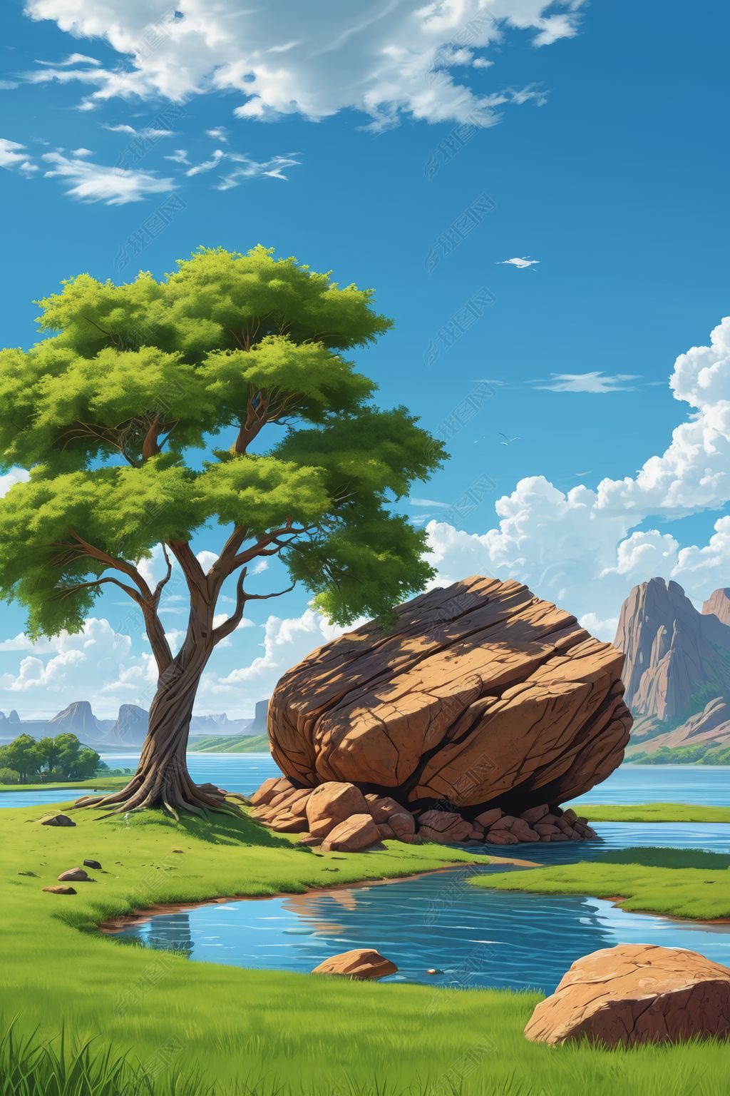 原创一棵树和一个湖的卡通风景高清图片-版权可商用
