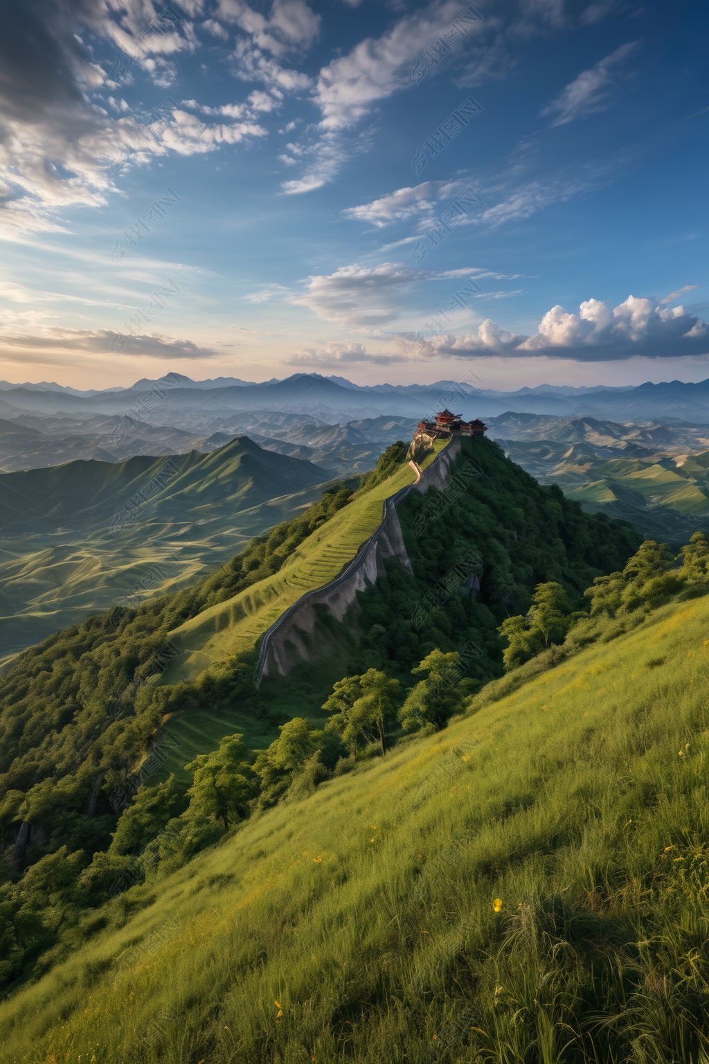 原创山上有绿色的山坡山顶有一座房子图片-版权可商用