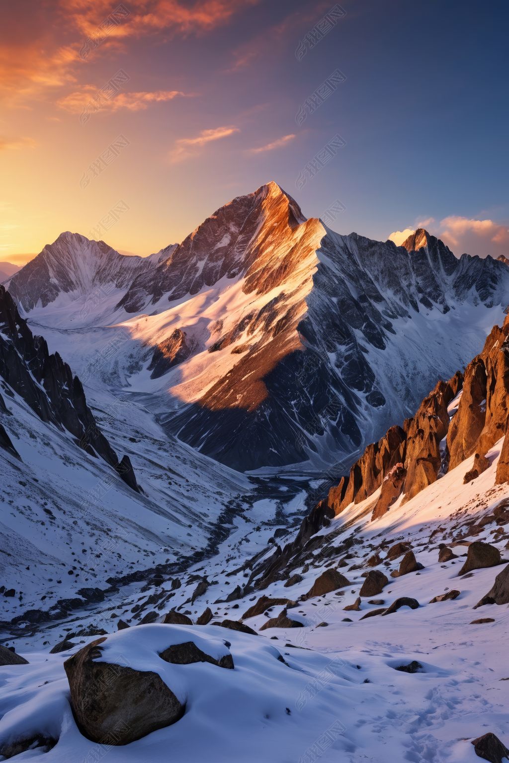 原创山上覆盖着雪和岩石背景是日落图片-版权可商用