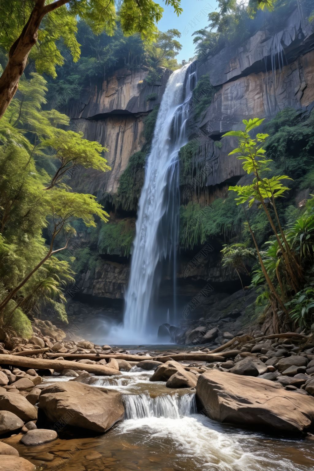 瀑布位于有树木和岩石的岩石区中央图片素材简介我图网提供瀑布位于有