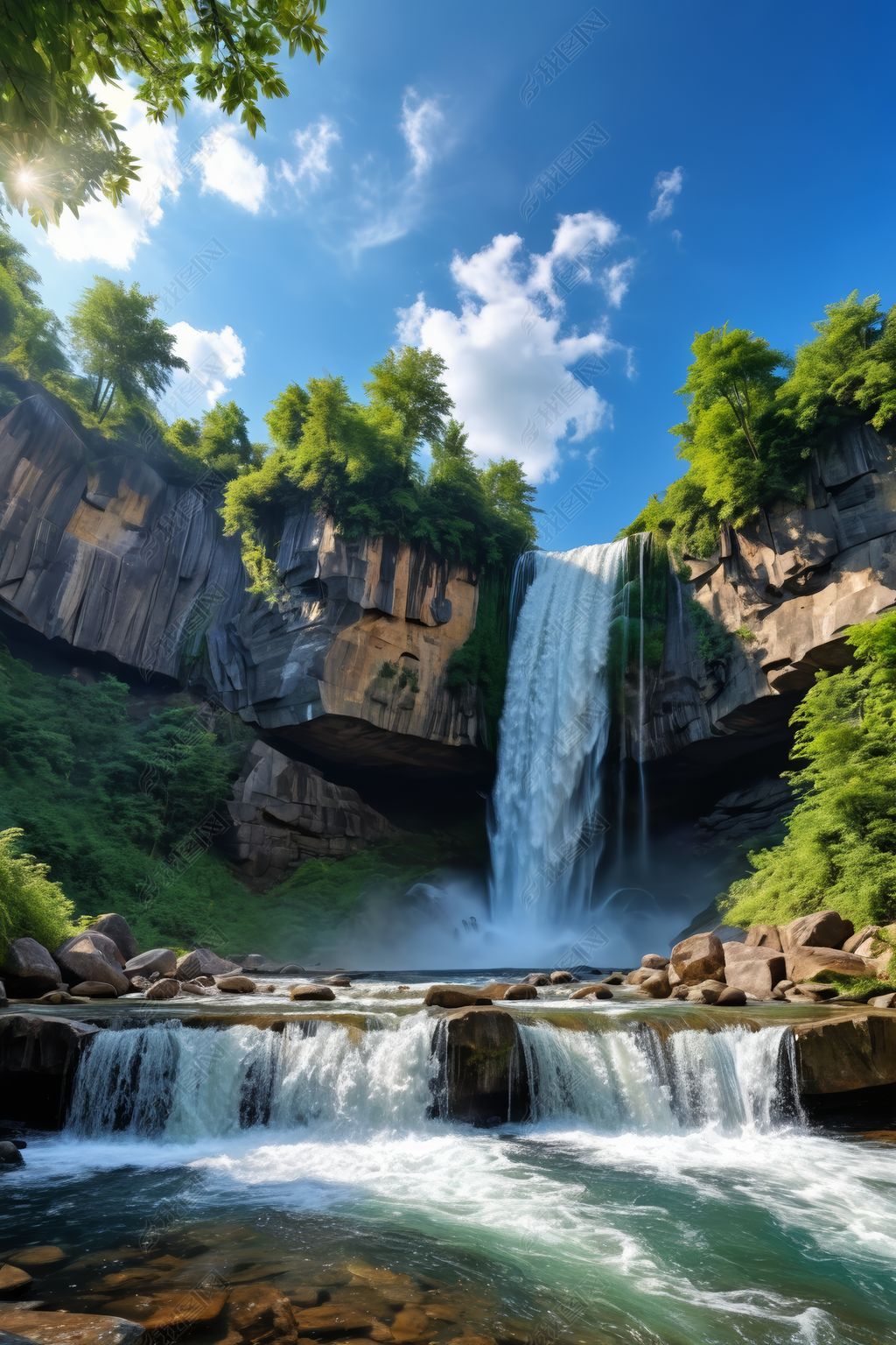 原创瀑布位于有树木和岩石的岩石区中央图片-版权可商用