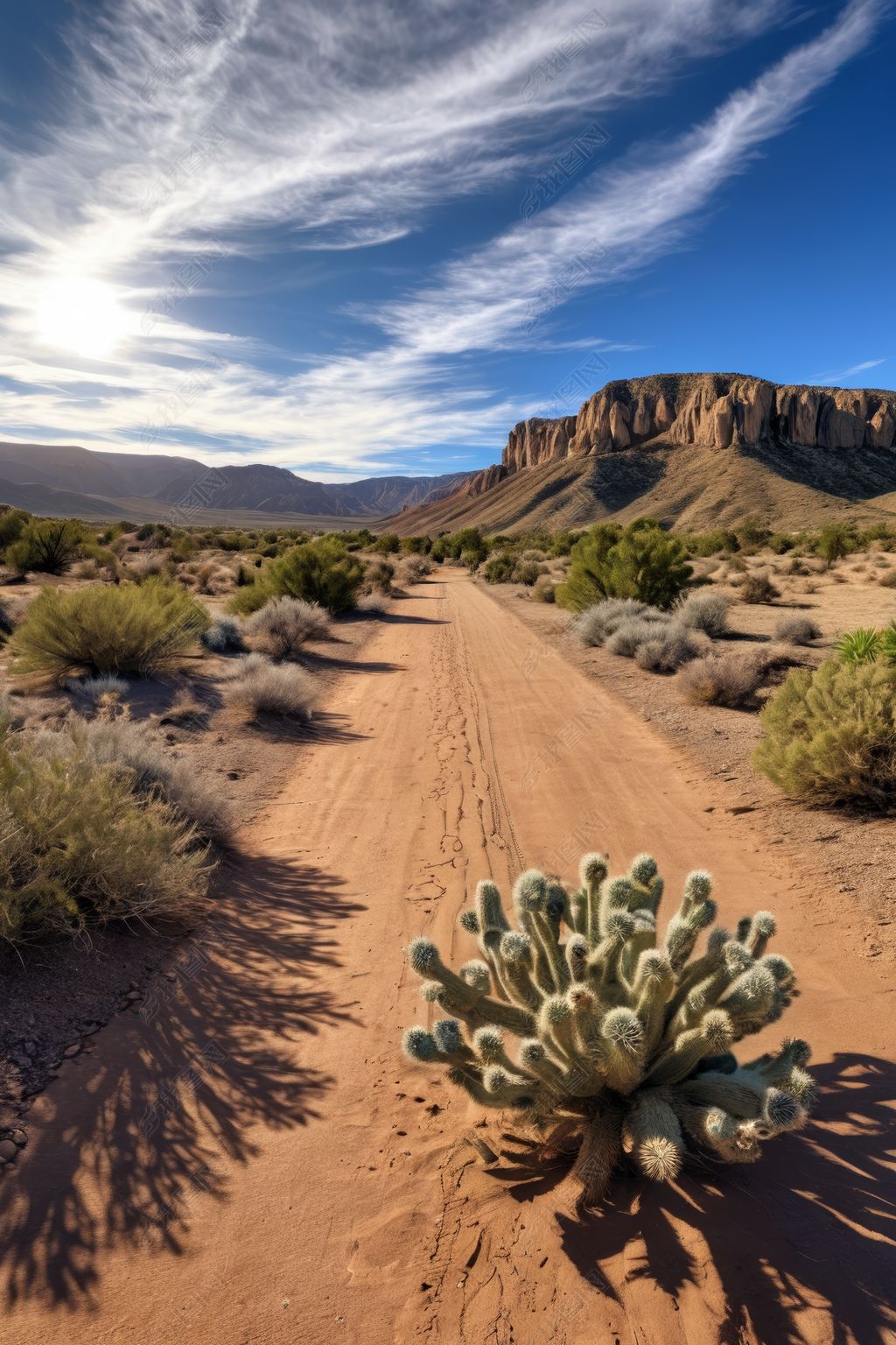 原创沙漠场景有仙人掌植物和土路图片
