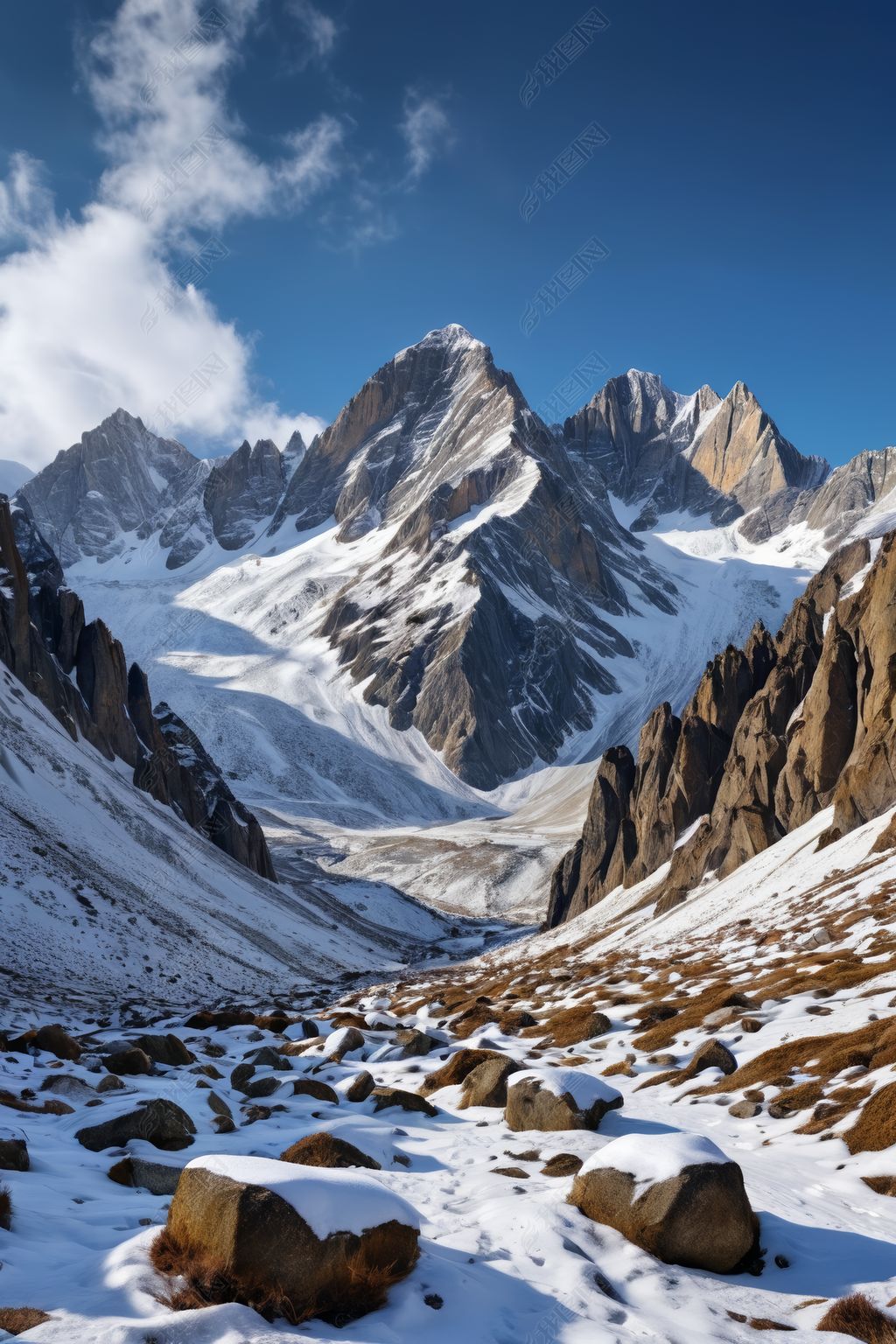 原创山上覆盖着雪和岩石背景是蓝天图片-版权可商用