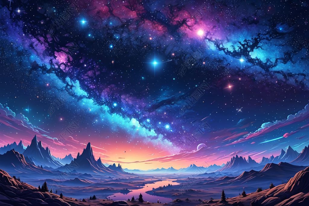 原创卡通宇宙浩瀚星空星系插画图片-版权可商用