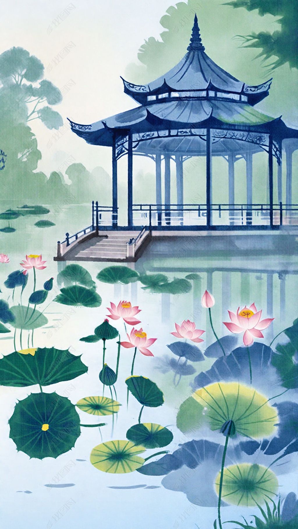 原创国风古风荷花池凉亭湖边插画-版权可商用
