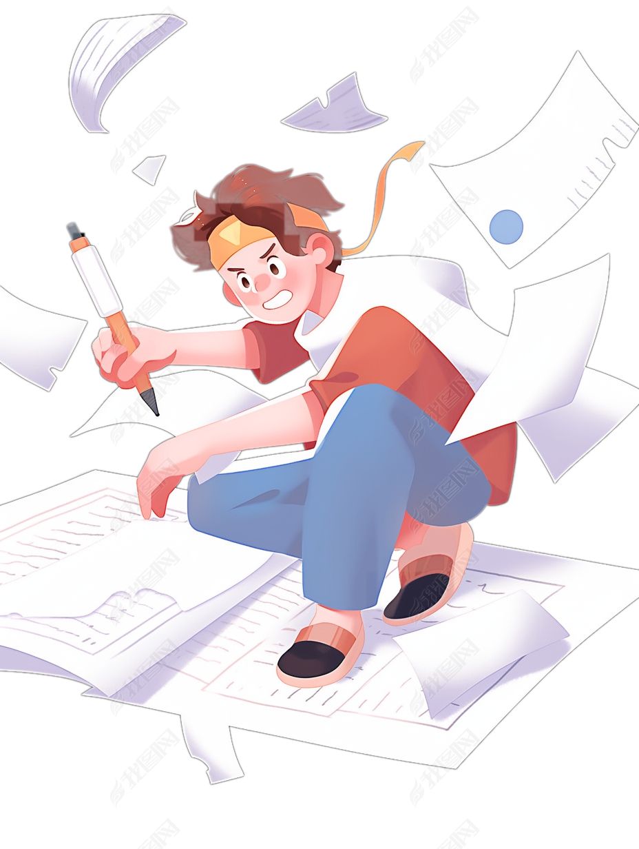 原创高考倒计时学生努力复习答题卡通插画免抠图-版权可商用