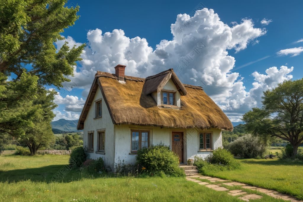 原创一座茅草屋顶的白房子高清摄影图片-版权可商用
