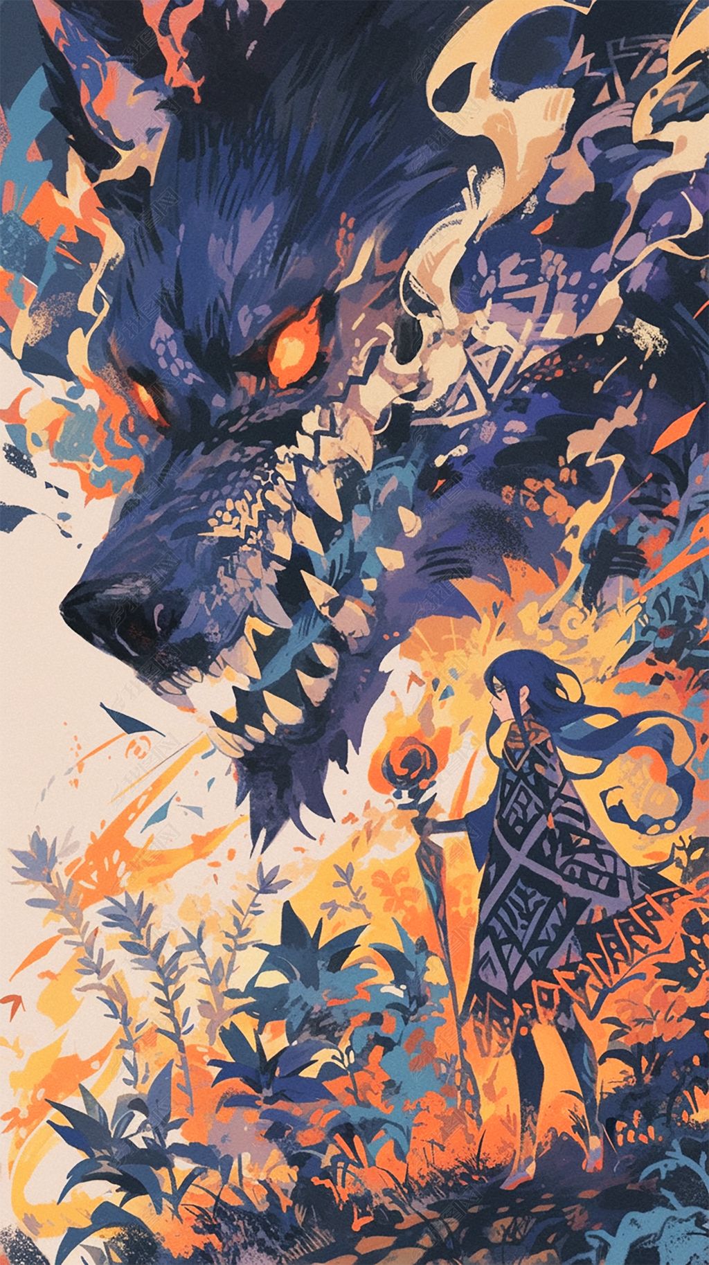 原创手绘狼和女孩插画-版权可商用