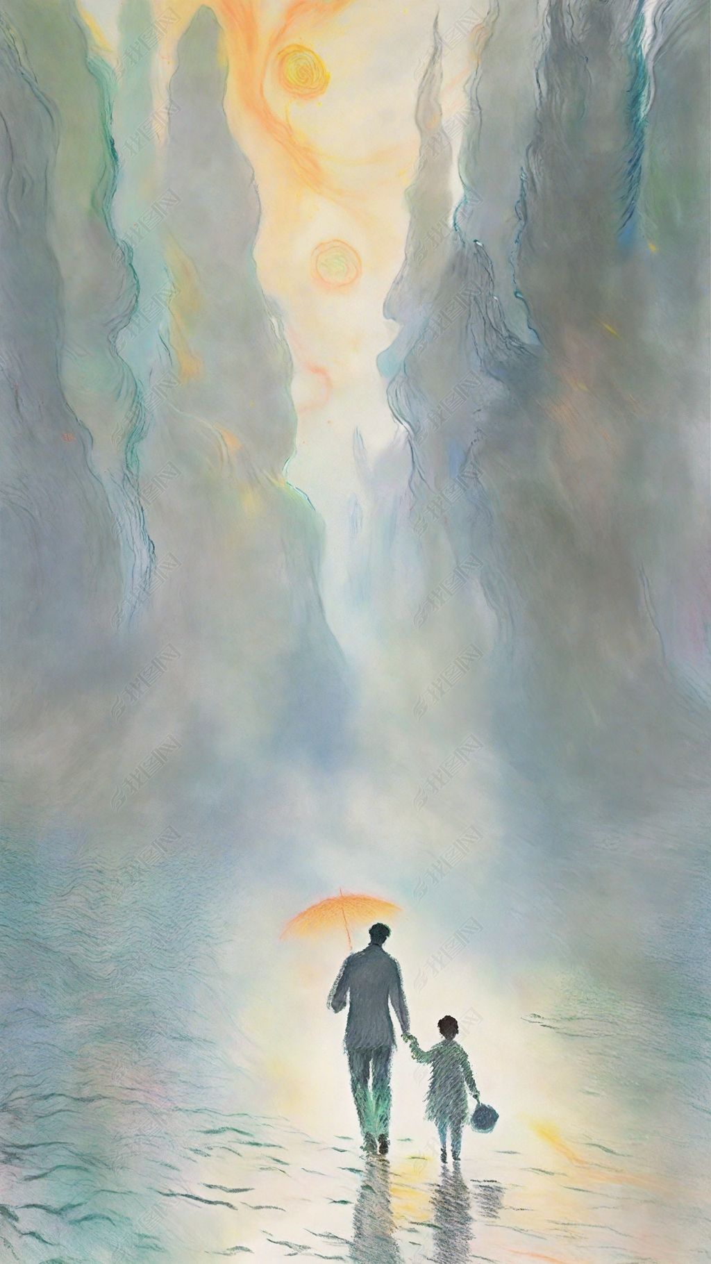 原创国风水墨父爱父亲和儿子背影插画-版权可商用