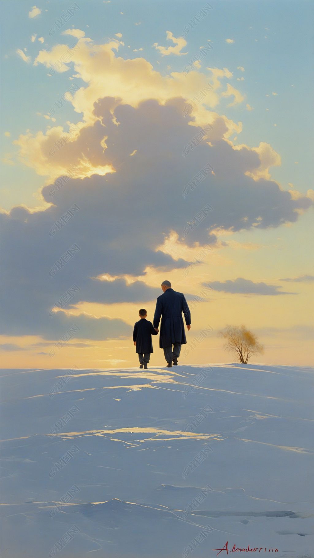 原创父亲和儿子雪地里父爱背影插图-版权可商用