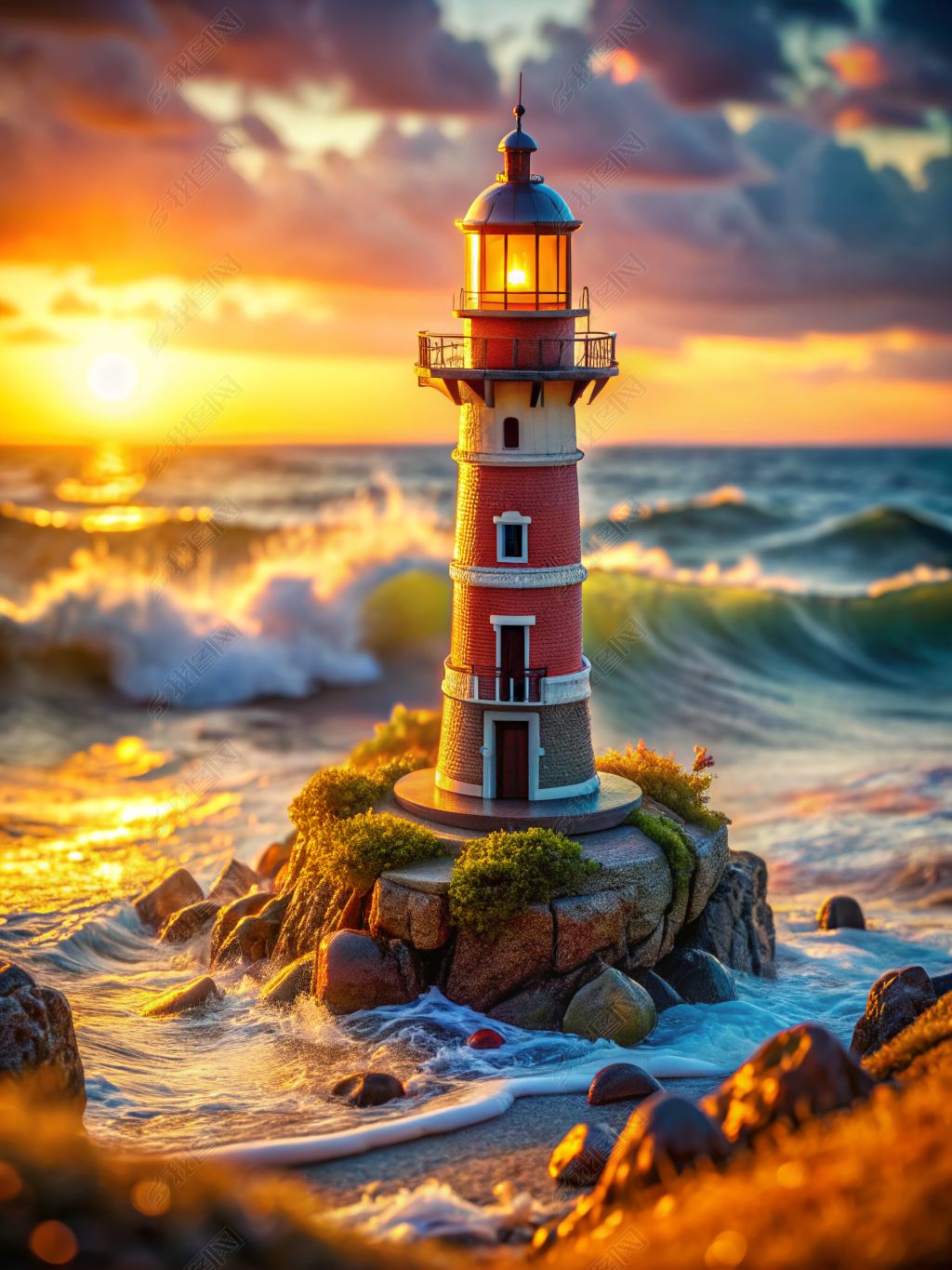 原创灯塔海边落日唯美意境创意设计高清摄影图-版权可商用