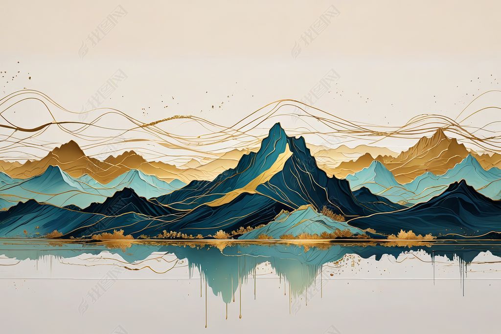原创抽象金色线条山水画图片-版权可商用