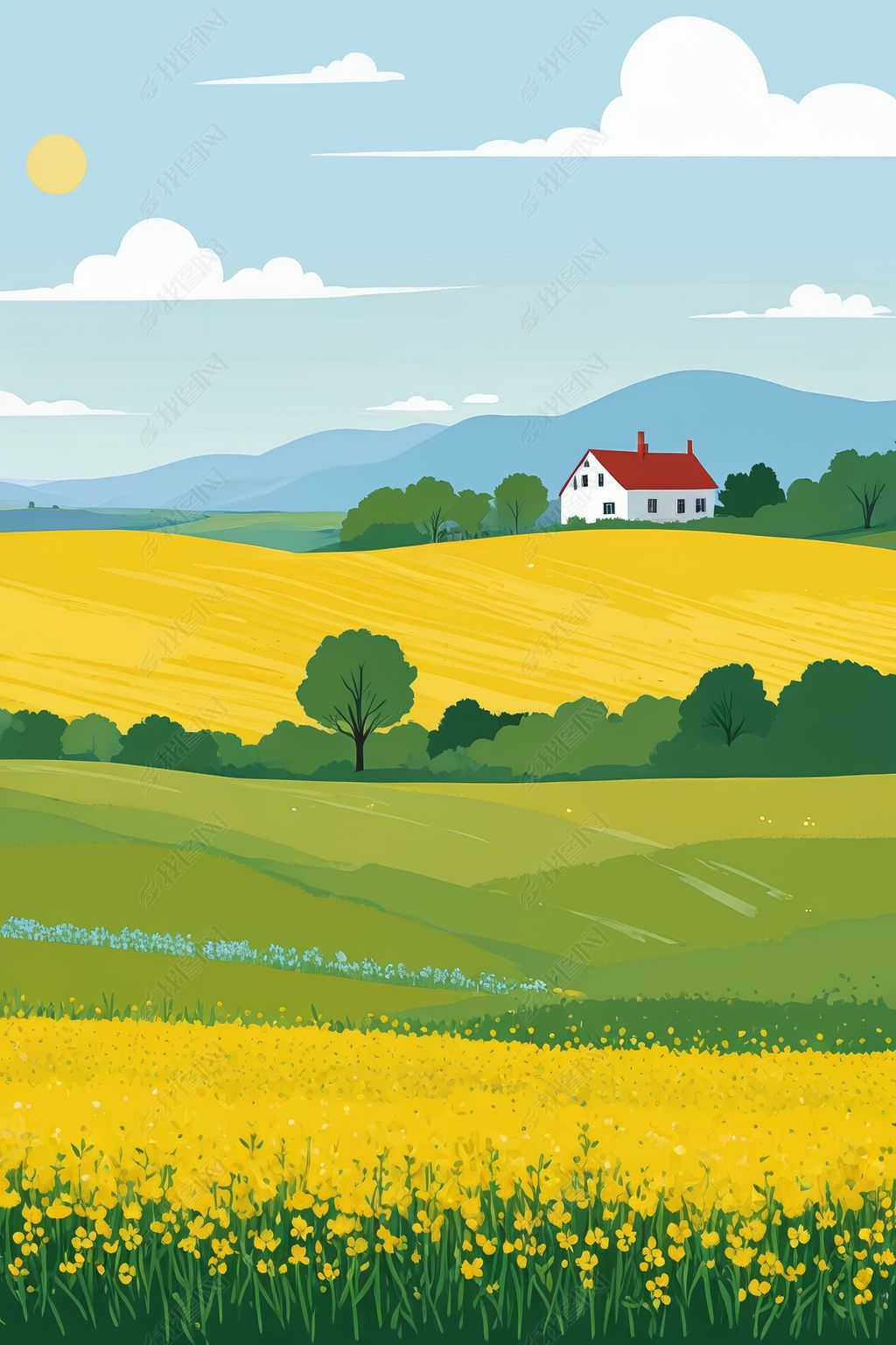 原创一田野远处有一座房子和一棵树-版权可商用