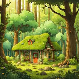 儿童插画森林小屋
