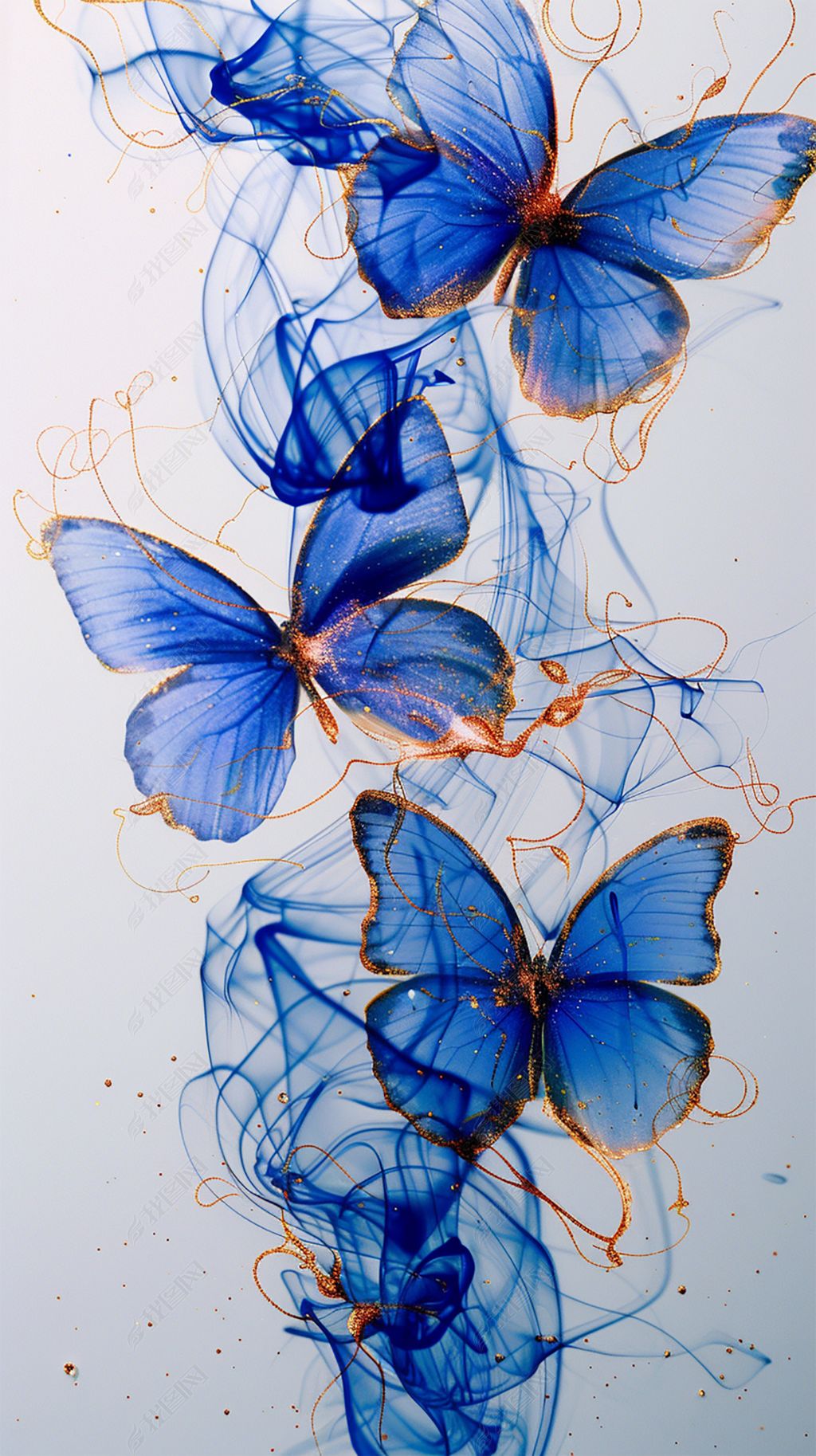 原创手绘金边蓝蝴蝶水墨插画