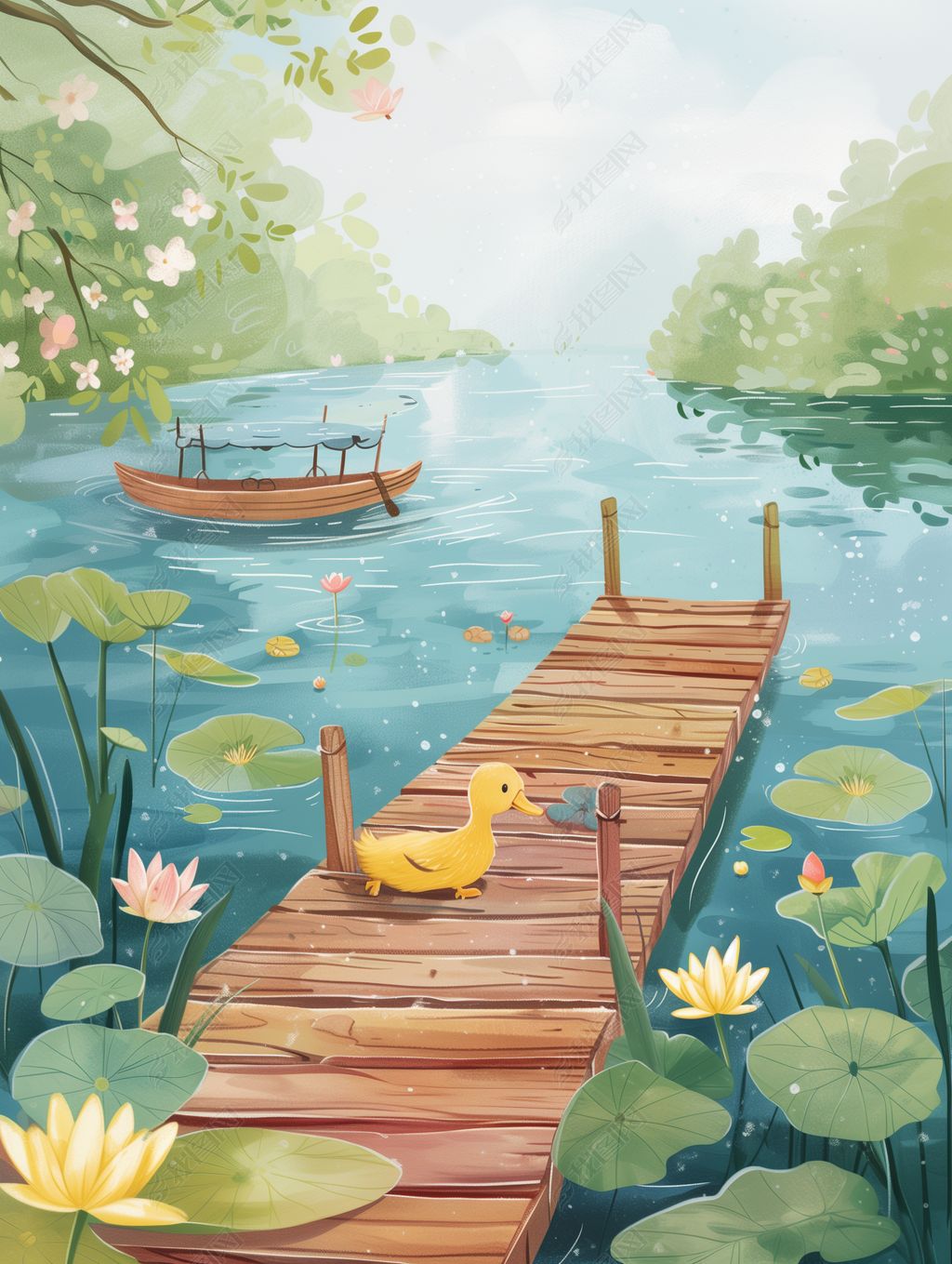 原创插画风宁静湖泊码头小船小黄鸭-版权可商用