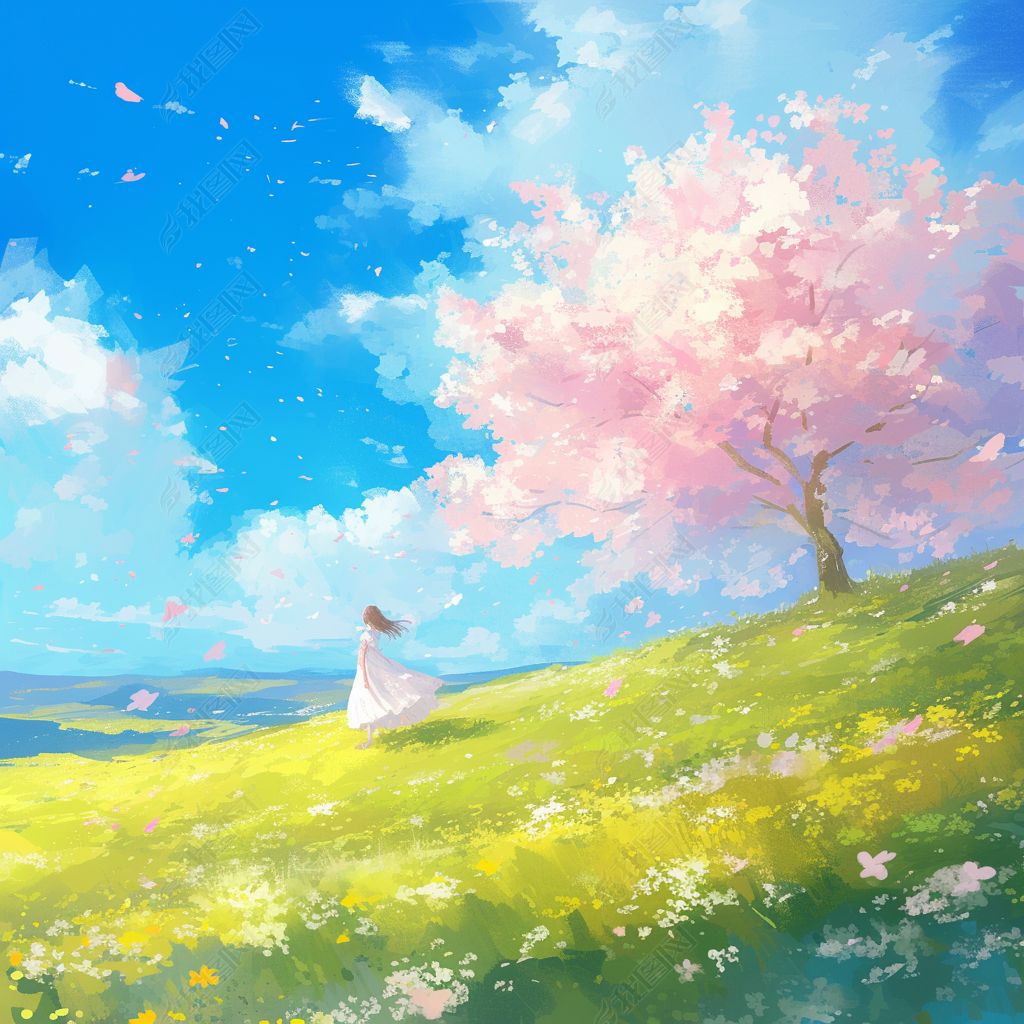 原创手绘小清新春夏女孩站在樱花树下场景插画-版权可商用