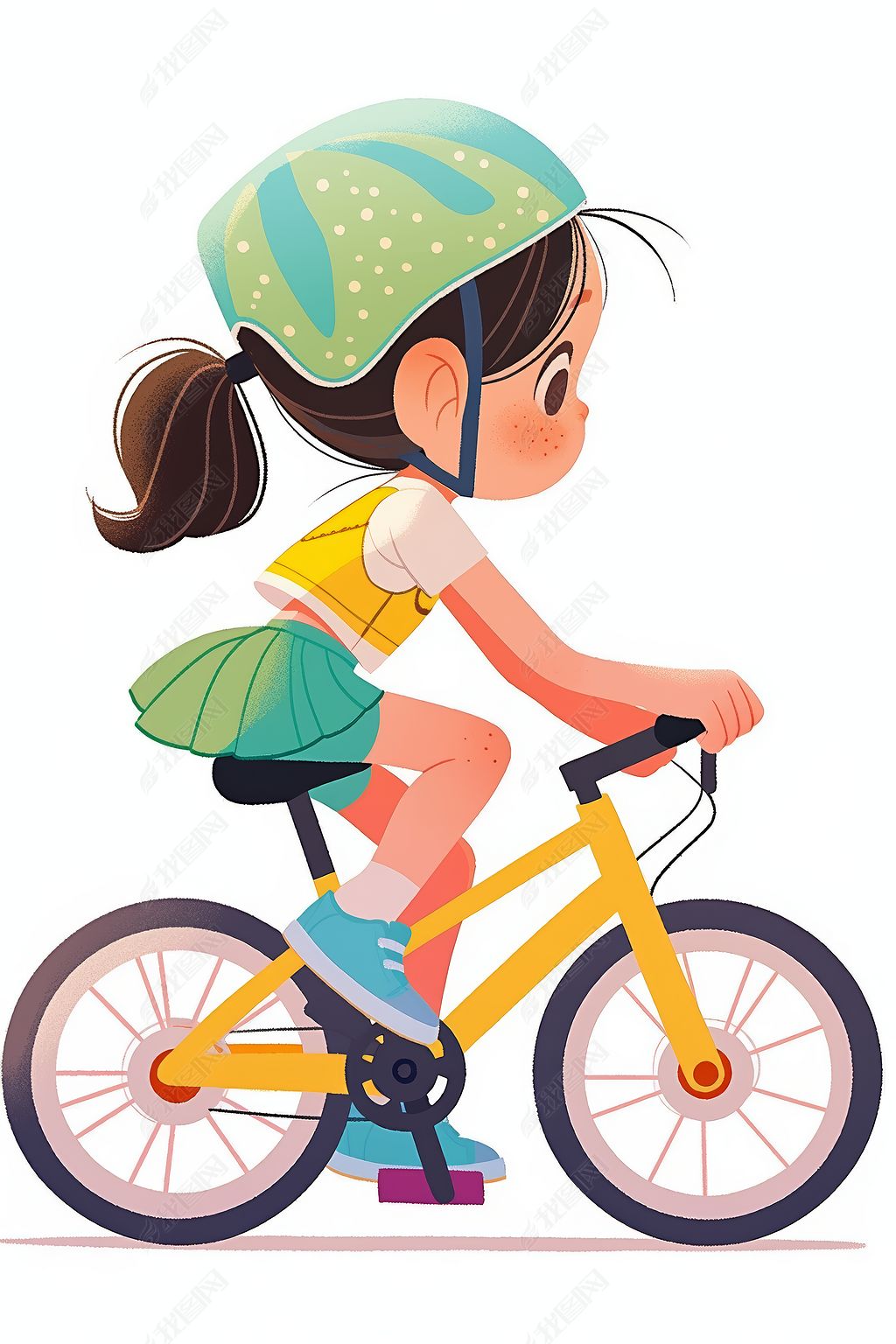 原创卡通女孩骑着自行车戴着绿色头盔高清插画图片