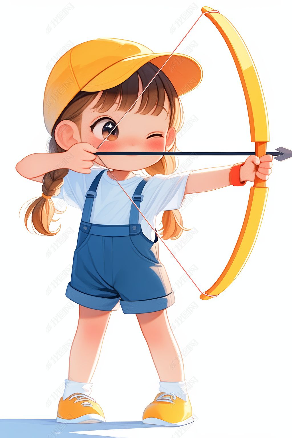 原创弓箭瞄准某物的卡通女孩高清插画图片