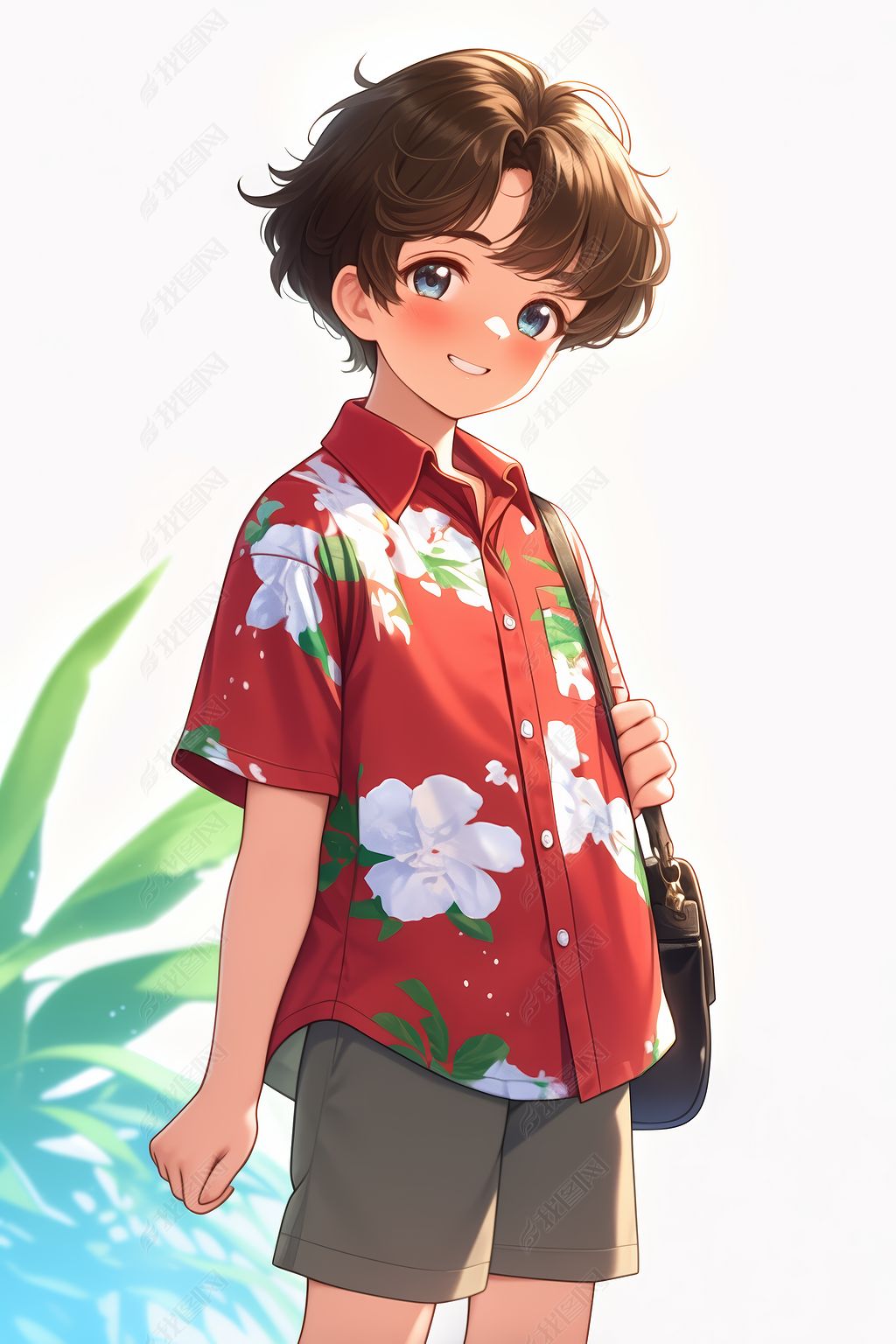 原创夏威夷衬衫和短裤手提包和棕榈树动漫男孩插画图片