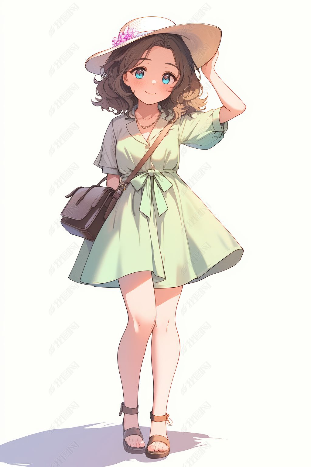 原创身穿绿色连衣裙戴着帽子手提包的动漫女孩插画图片-版权可商用